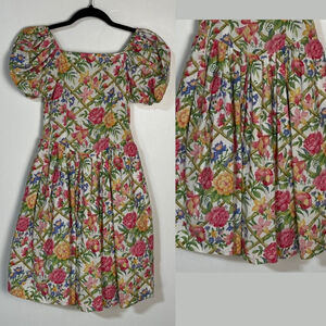 Vintage Floral Dress Girl’s Size 7 Cotton Pink White Puff Sleeve Back Zip Tie